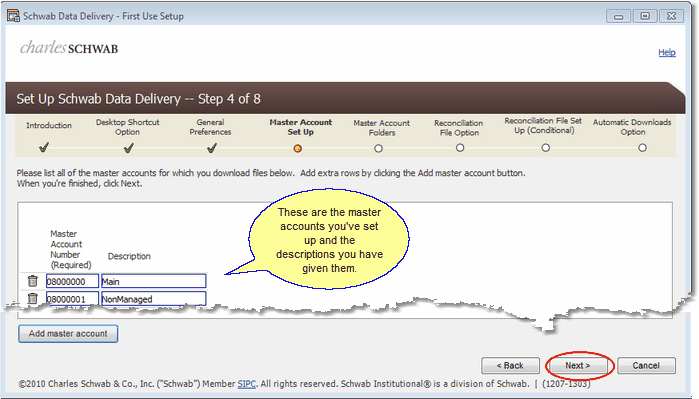 Schwab Screen 7: Master Accounts Set Up