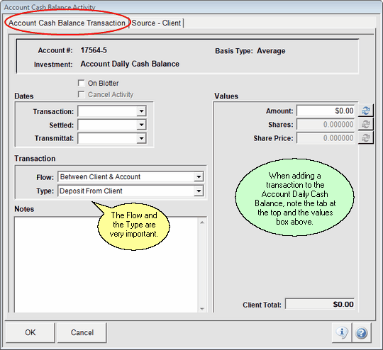 Adding A Cash Flow Into The Account From The Client