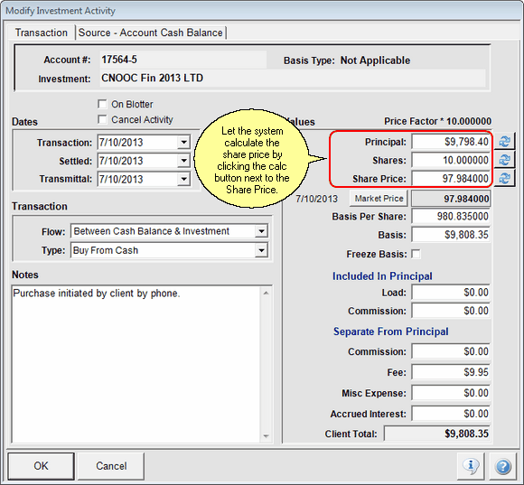 Sample of manually added bond transaction