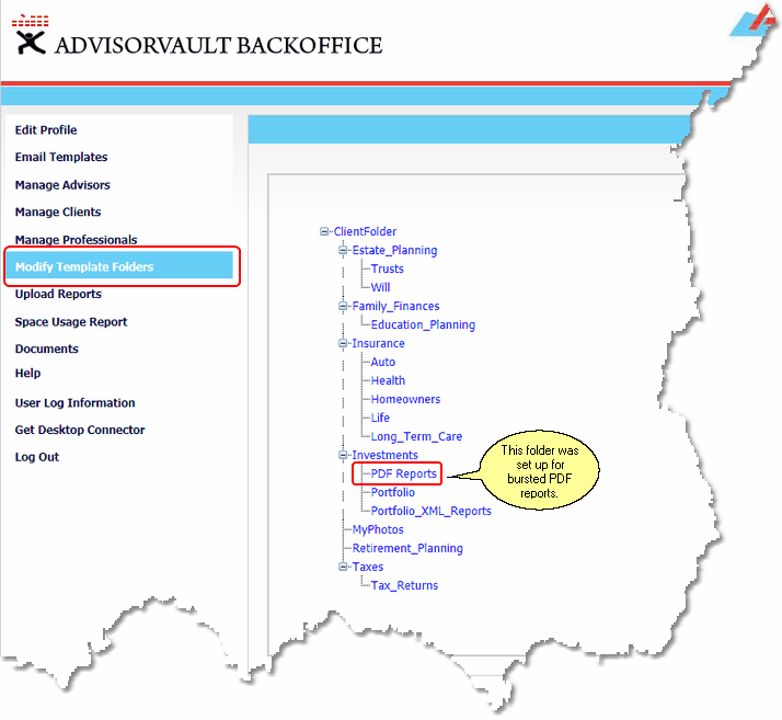 Example of new folder to hold the bursted reports from Advisors Assistant