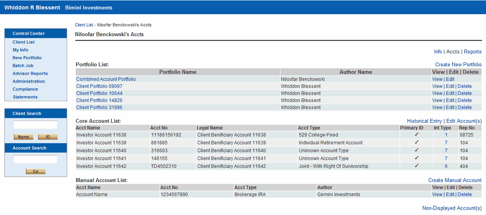 This is the portfolio for the Investor being viewed in Advisors Assistant.