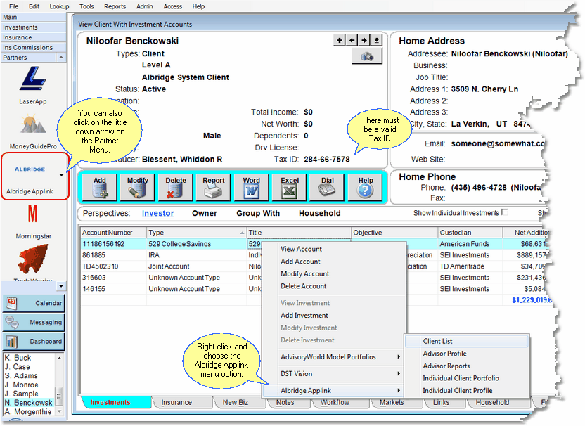 Ways to access Albridge Applink. (Data shown is Albridge Demo Data.)