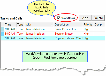 Workflows show in Red or Green and can be hidden.