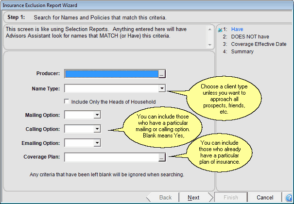 Insurance Exclusion Report Wizard Step 1