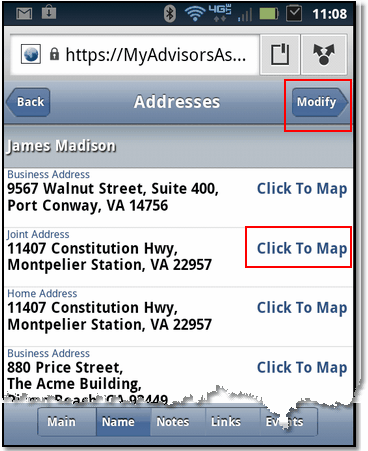 Map or modify addresses from this screen