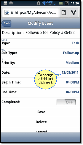 Calendar Events Edit Screen Click on the field you want to modify.