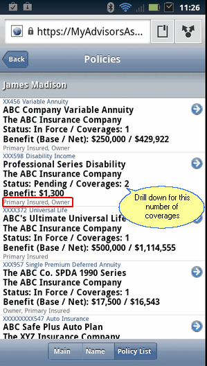 Drill down on a policy to see coverages