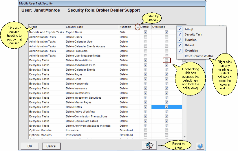 Sort the list by clicking on the column heading