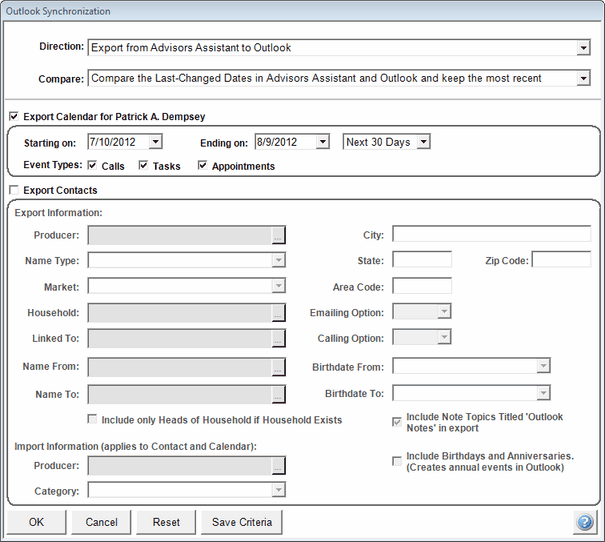 Outlook Synchronization Screen