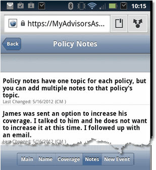Policy Notes Screen