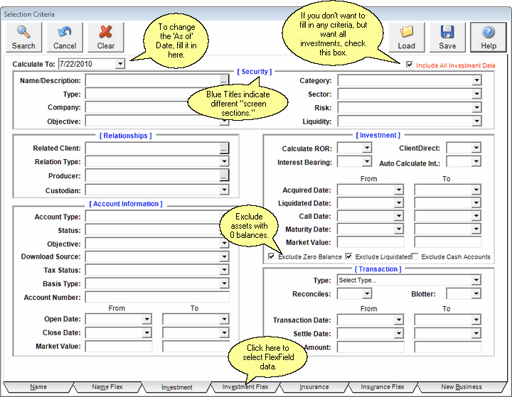 Selection Critera Investment Tab