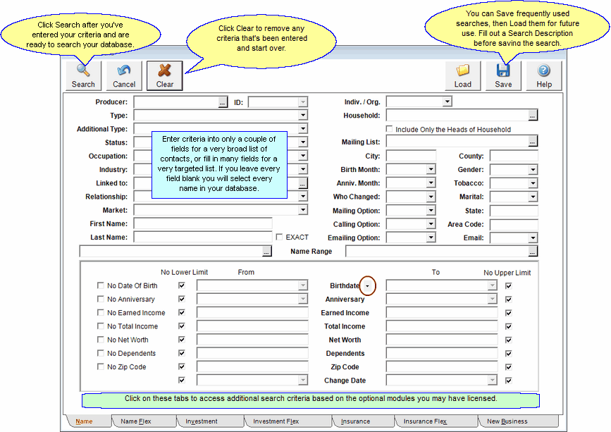 Selection criteria for contact demographics.  Use other tabs across bottom to add to the selection.