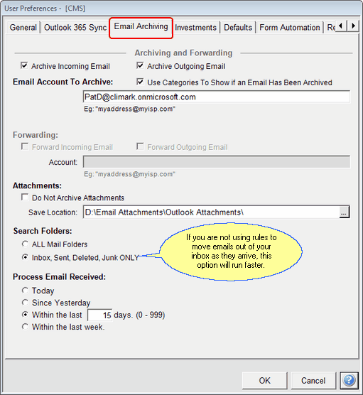 Email Archiving Tab for Outlook 365 in User Preferences