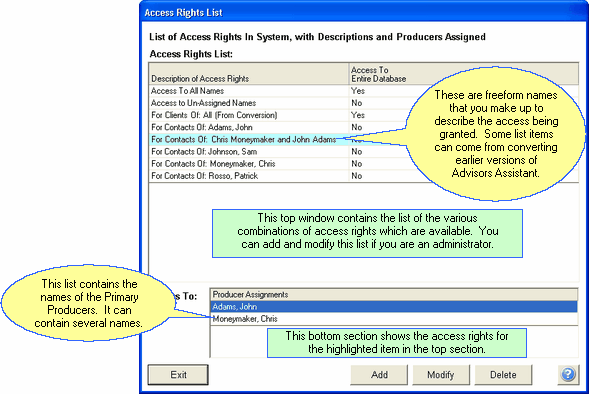                                                            Choose from this list or set up a new set of rights by clickong on Add