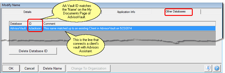 This shows the client's Vault ID which is used to connect the two systems.