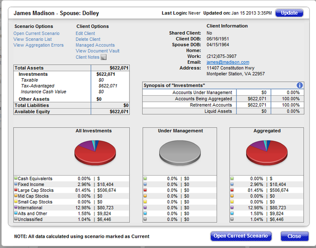 Investment data shown in the initial planning screen