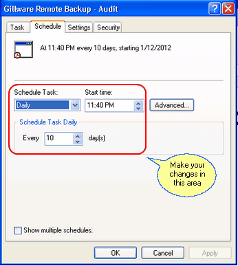 Windows XP Audit Schedule Showing Defaults