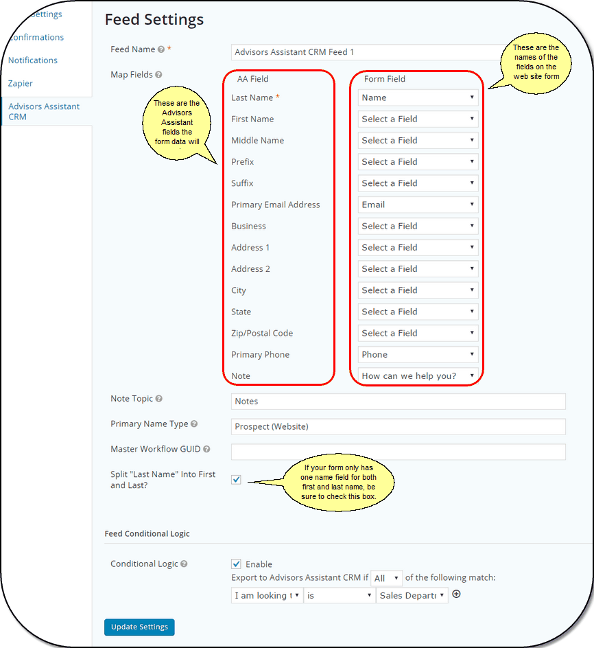 This tells Advisors Assistant where to put the data from the form