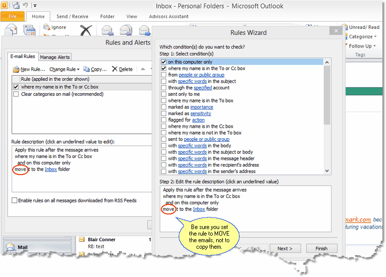 This Rule Will Have Outlook Move The IMAP Mail To The Main Outlook.pst File