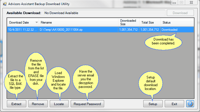 Hosted Backup Utility after retrieval of backup.