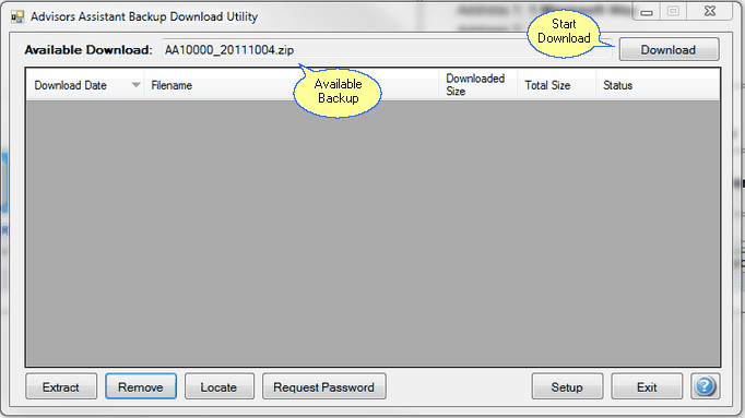 Hosted Backup Utility showing a backup available to download.