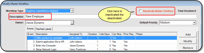 Screen 3a: Reactivate Checkbox displayed when modifying a deactivated master