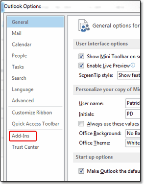 Outlook Options Screen