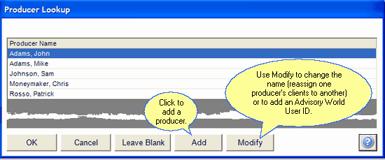 Producer Lookup Screen