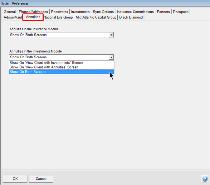 Turning On The Annuities Tab on View Client Screen